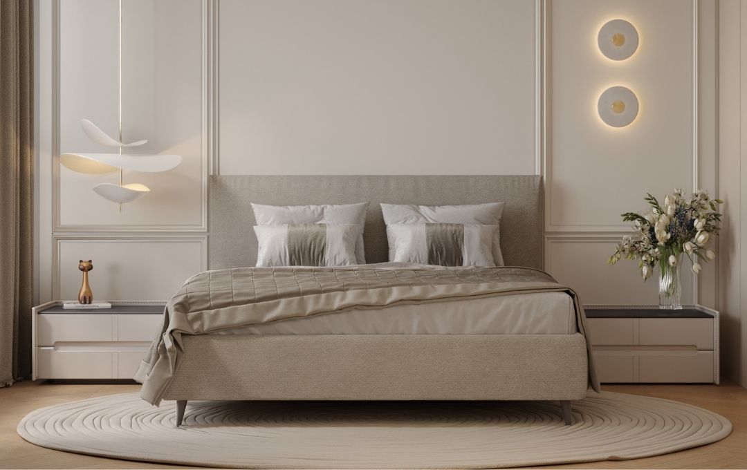 Letto Rosa - Tessuto, Beige, Matrimoniale con contenitore