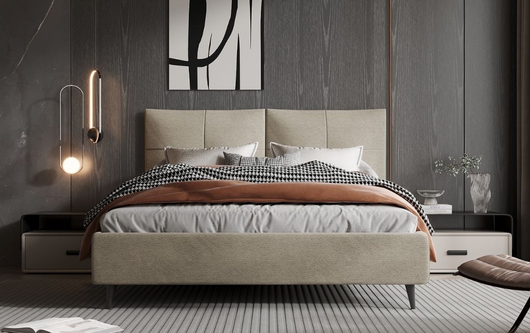 Letto Viola - Tessuto, Beige, Matrimoniale con contenitore