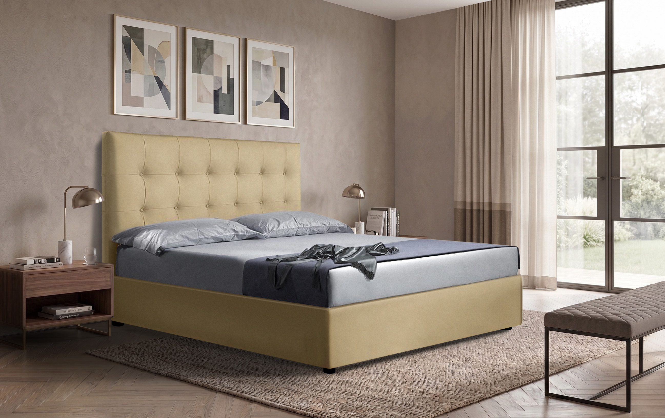 Letto Fenice - Ecopelle, Beige, Matrimoniale