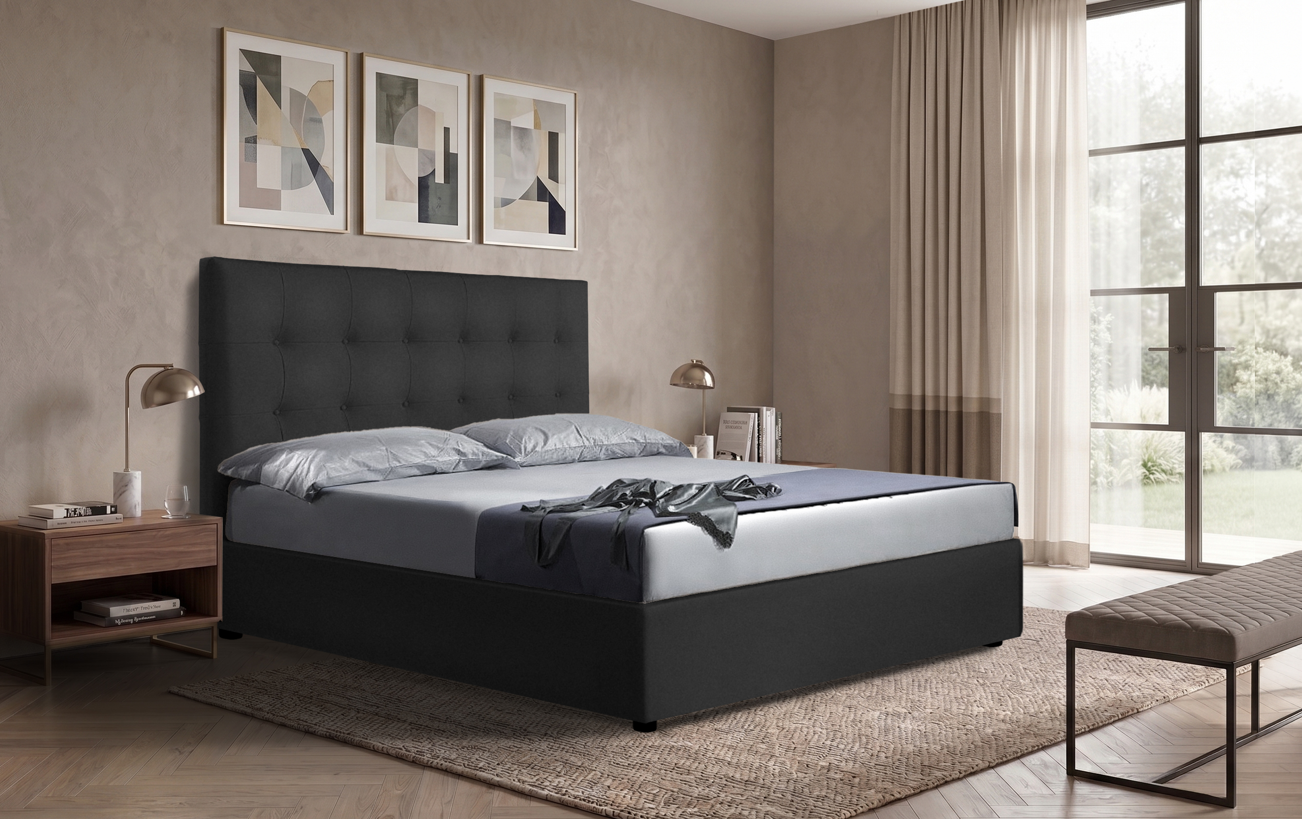 Letto Fenice - Ecopelle, Nero, Matrimoniale