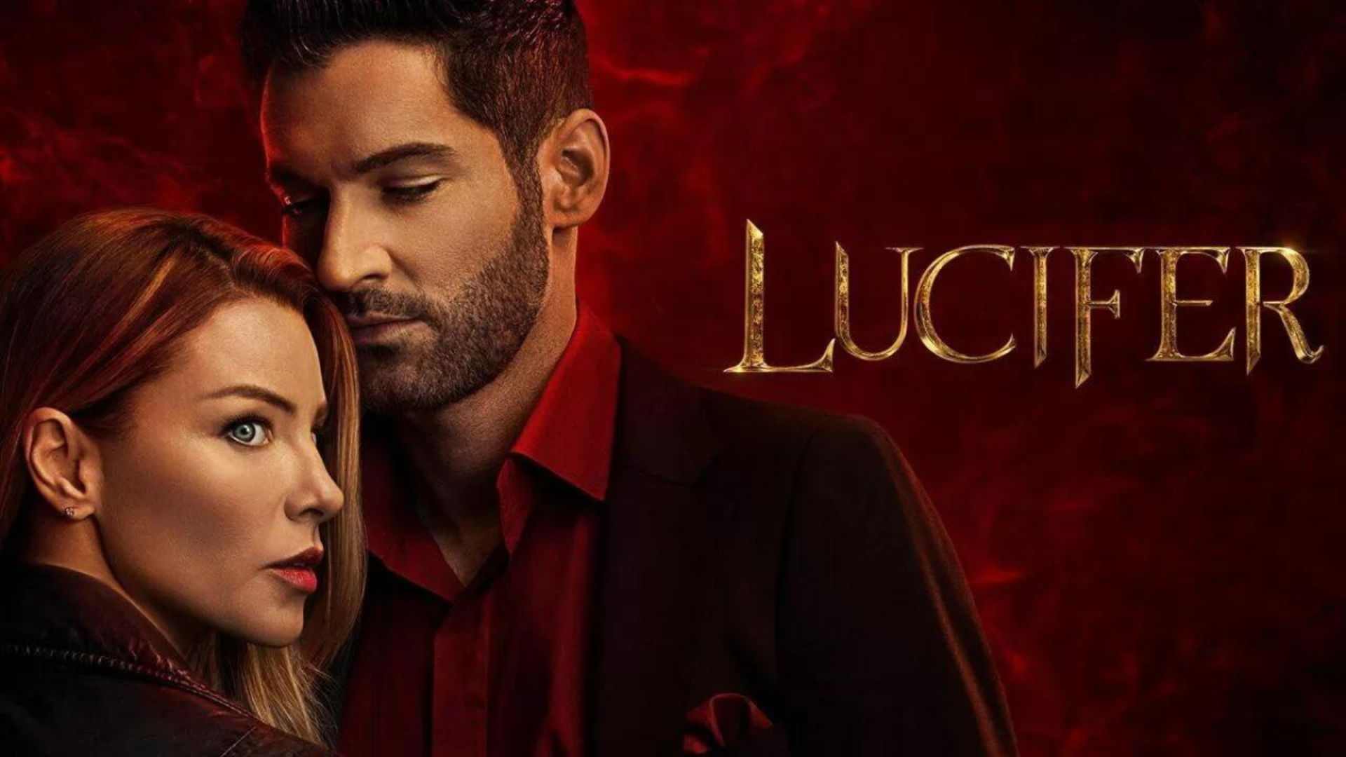Copertina Serie tv Lucifer due protagonisti a sinistra su sfondo rosso