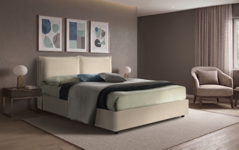 Letto Vega - Tessuto, Bianco Tortora, Matrimoniale